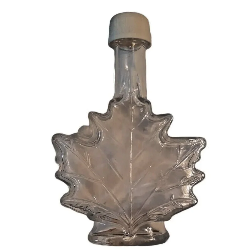 Canadian Maple Leaf Shape Clear Glass Syrup Bottle with Lid Embossed Empty - Picture 1 of 7